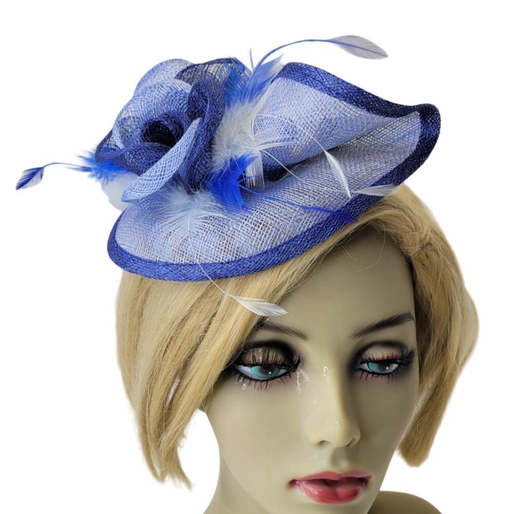 Blue Sinamay Comb Fascinator With Sinamay Rosettes and Blue White Feathers